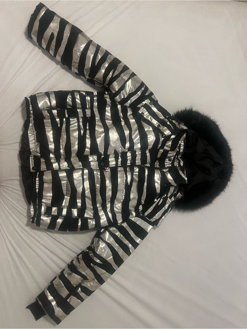 Topshop Black and Silver Striped Hooded Puffer Jacket